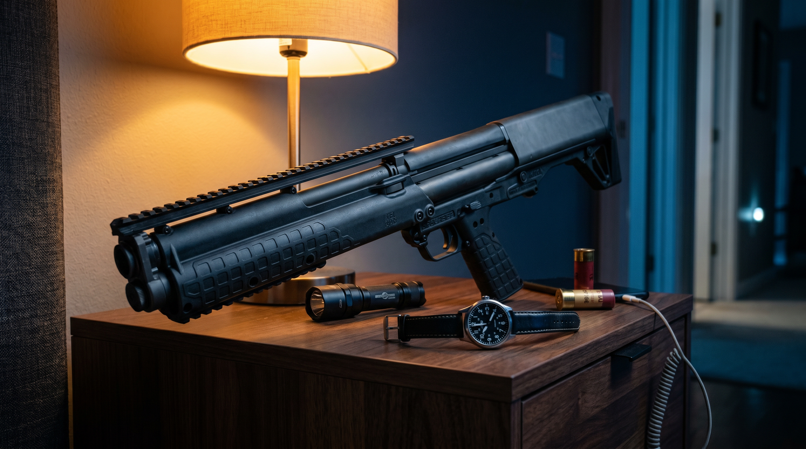8 Best Tactical Shotguns in 2026: Semi-Autos and Pumps for Defense 39 Kel-Tec KSG bullpup pump shotgun on a dark walnut nightstand at 3 AM with SureFire tactical flashlight, mechanical watch, and brass 12 gauge shells under warm bedside lamp