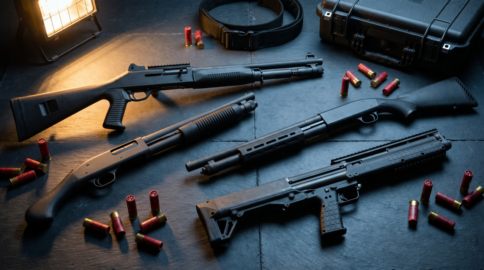 Best tactical shotgun roundup 2026 — Benelli M4, Mossberg 590A1, Mossberg 590 Shockwave, and Kel-Tec KSG arranged on dark slate tactical range under warm sodium work-light with scattered 12-gauge shells
