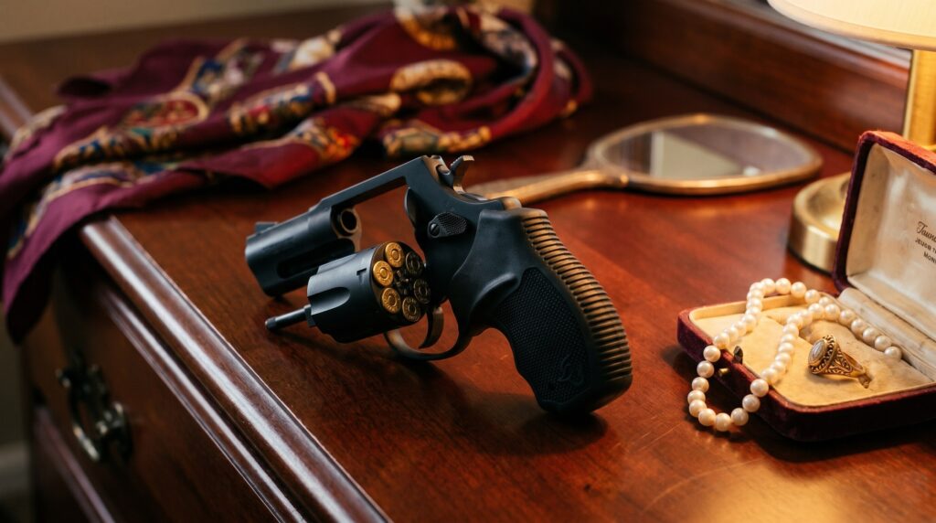 Best Guns Under $400 for Women (2026): Budget Self-Defense Picks 14 Taurus 856 .38 Special six-shot revolver displayed on a deep cherrywood vintage dresser with cylinder swung open showing six brass-cased .38 Special cartridges beside an open antique jewelry box revealing a string of pearls and gold ring in warm tungsten dressing-room lamp light