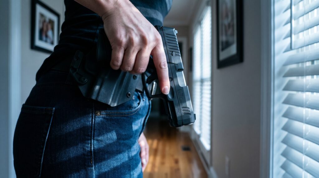 Best Guns Under $400 for Women (2026): Budget Self-Defense Picks 9 Taurus G3c compact 9mm polymer pistol being drawn from a black Kydex IWB concealed-carry holster mounted to dark-wash denim in a softly-lit residential hallway at dawn with cool blue-grey window light through partially-open vertical blinds