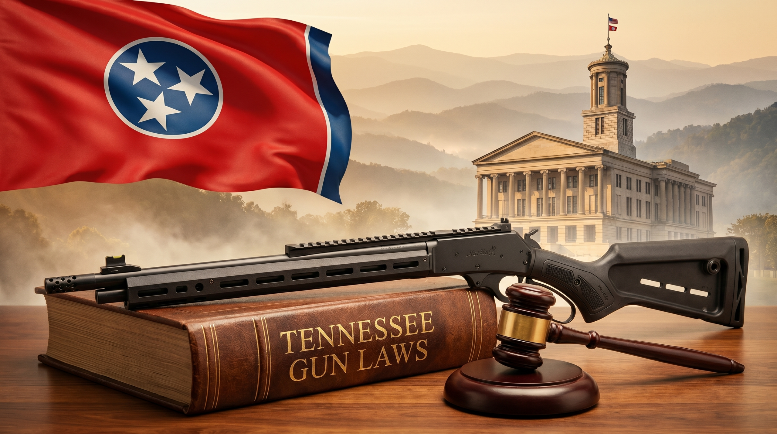 Tennessee Gun Laws (2026): Constitutional Carry, Enhanced HCP & Stand Your Ground 6 Tennessee Gun Laws editorial composite — state flag, capitol building, landmark landscape, and law-themed gun + gavel scene