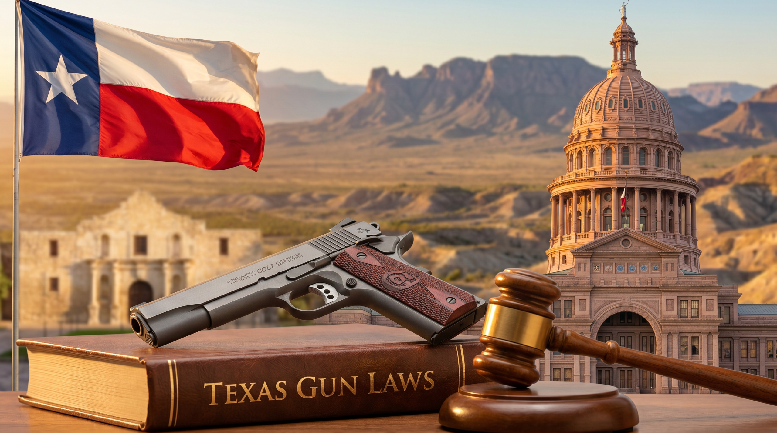 Texas Gun Laws (2026): Constitutional Carry, LTC, Castle Doctrine & Civil Immunity 5 Texas Gun Laws editorial composite — state flag, capitol building, landmark landscape, and law-themed gun + gavel scene