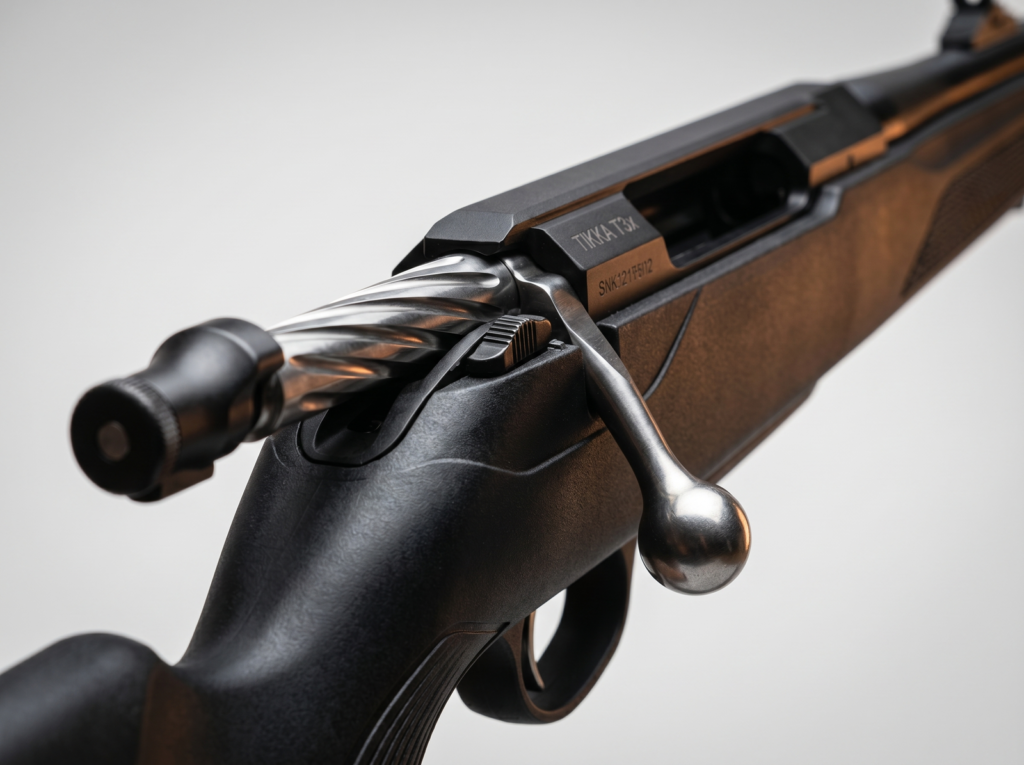 Tikka T3x Lite Review (2026) 28 Macro close-up of Tikka T3x bolt handle, polished bolt body, and receiver markings
