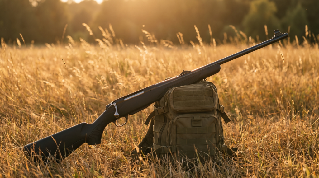 Tikka T3x Lite Review (2026) 27 Tikka T3x Lite leaning against tactical pack in open hay field at golden hour