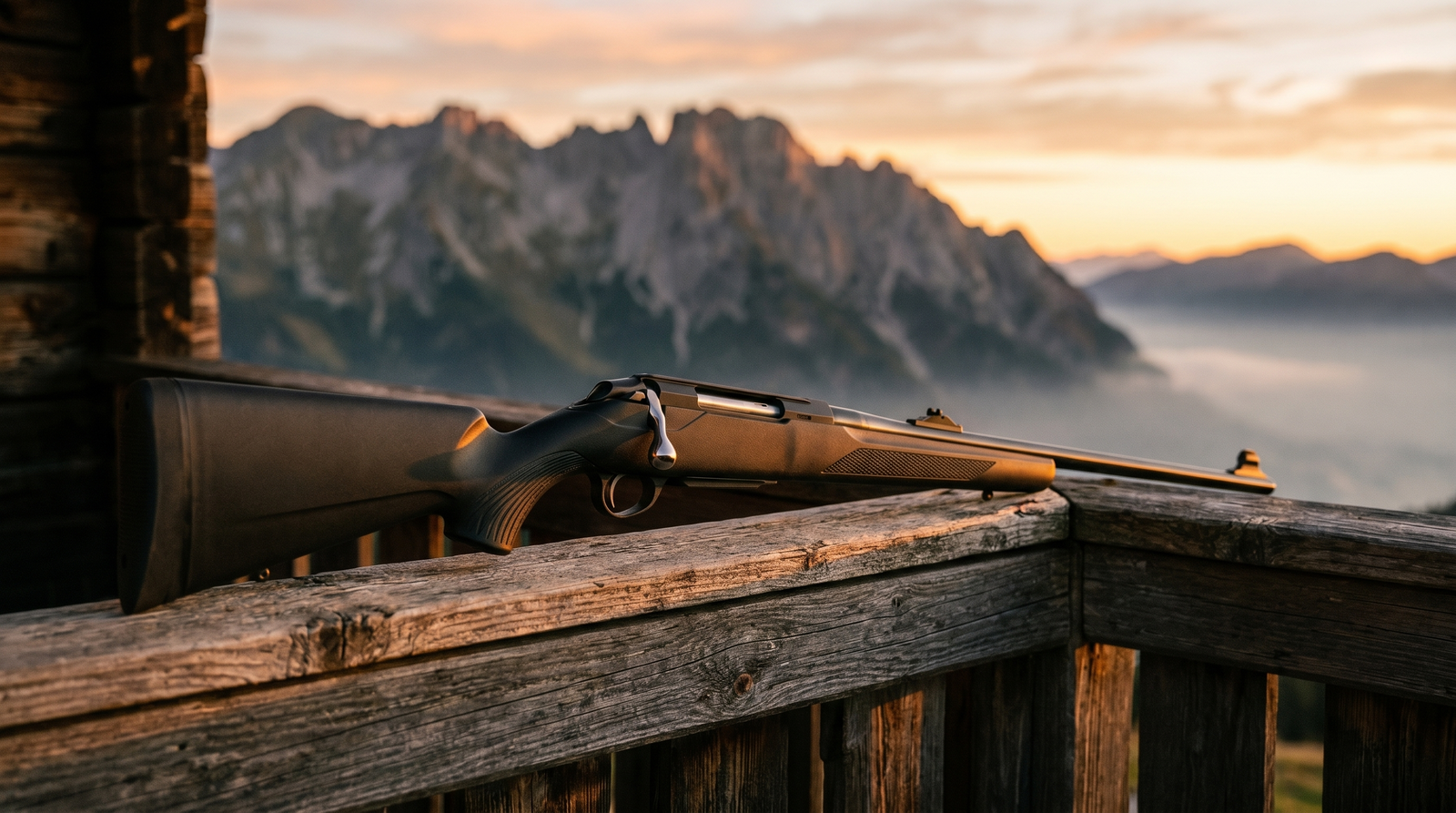 Tikka T3x Lite Review (2026) 1 Tikka T3x Lite review hero on weathered lodge porch railing at sunrise alpine ridge background
