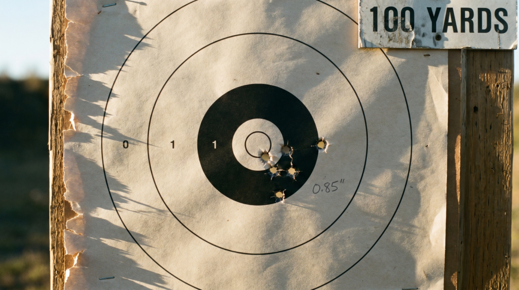 Tikka T3x Lite Review (2026) 31 Paper rifle target at 100 yards showing 5-shot group from Tikka T3x Lite measuring approximately 0.85 inches