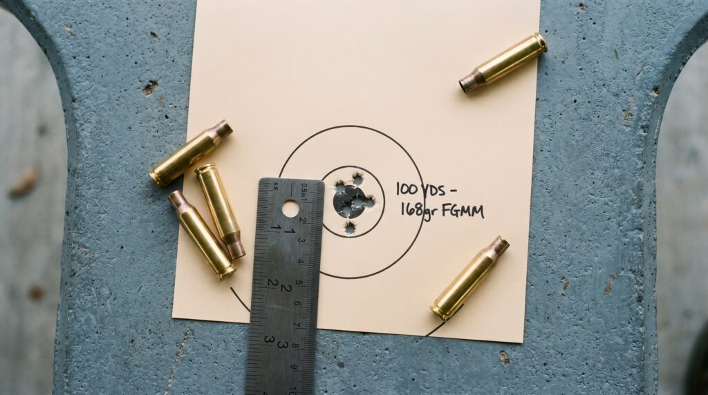 Tikka T3x TAC A1 Review (2026): 500 Round Test of the Finnish Precision Machine 15 Top-down photograph of a paper precision rifle target with a tight five-shot Tikka T3x TAC A1 .308 Winchester group inside a 0.5-inch circle annotated 100 YDS 168gr FGMM with a steel ruler and scattered spent .308 brass casings on a slate-grey concrete shooting bench