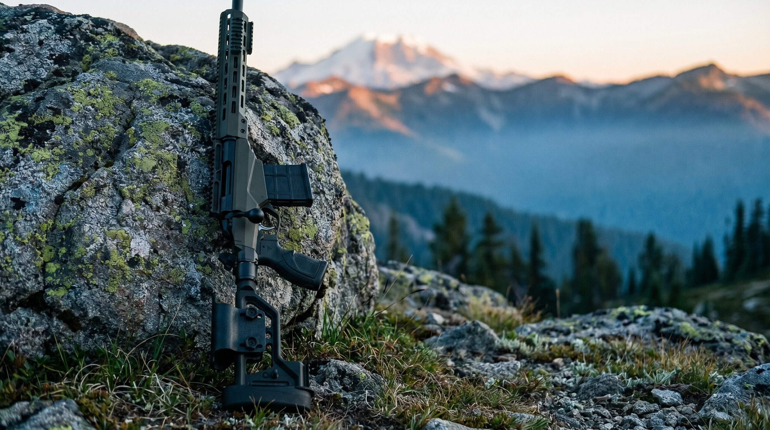 Tikka T3x TAC A1 Review (2026): 500 Round Test of the Finnish Precision Machine 1 Tikka T3x TAC A1 precision bolt-action rifle propped vertically against a moss-covered granite boulder on a rocky alpine ridge at sunrise with adjustable cheek riser extended, AICS magazine inserted, and a snow-capped mountain peak in soft focus background