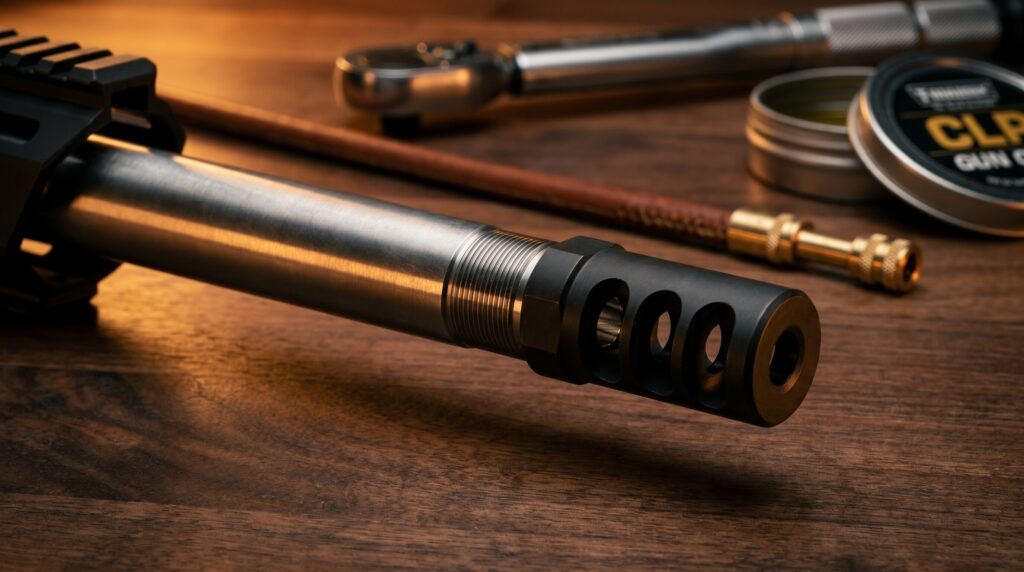 Tikka T3x TAC A1 Review (2026): 500 Round Test of the Finnish Precision Machine 12 Extreme macro photograph of the Tikka T3x TAC A1 cold-hammer-forged threaded barrel with tactical muzzle brake attached against a dark walnut wood workbench with torque wrench, leather rifle-cleaning rod, and CLP gun oil tin in warm tungsten side-rim lighting
