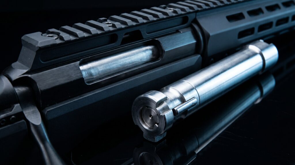 Tikka T3x TAC A1 Review (2026): 500 Round Test of the Finnish Precision Machine 11 Extreme macro close-up of the Tikka T3x TAC A1 open bolt cycle showing the polished bolt body extracted from the receiver, brushed steel raceway, and integrated 17mm picatinny scope rail in cool blue-white LED side-rim light against deep black studio background