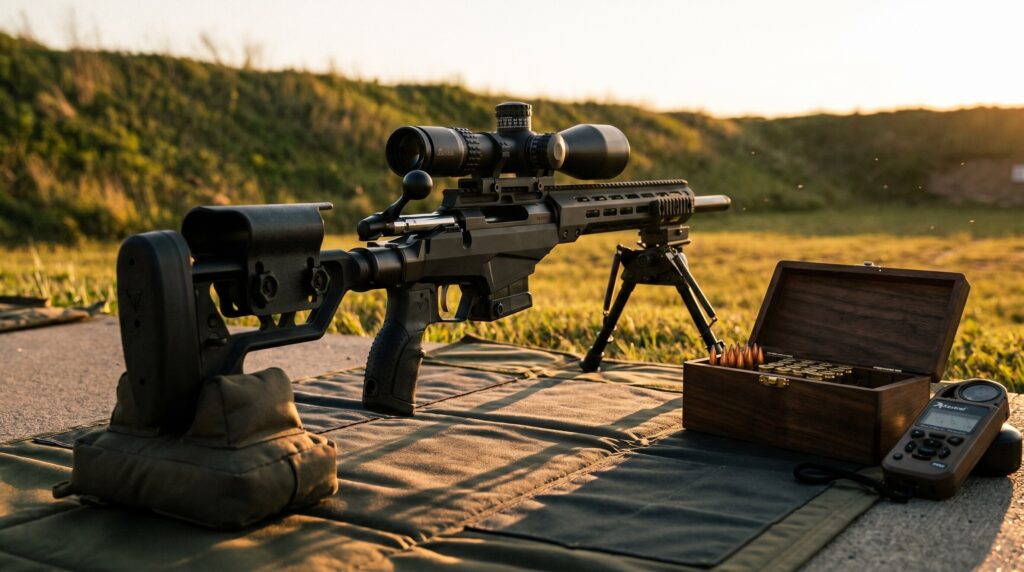 Tikka T3x TAC A1 Review (2026): 500 Round Test of the Finnish Precision Machine 2 Tikka T3x TAC A1 precision bolt-action rifle set up in shooting position on a tactical shooting mat at an outdoor long-range precision rifle range during golden hour with wooden ammo box and Kestrel wind meter
