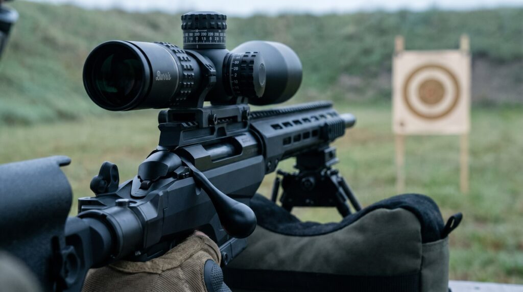 Tikka T3x TAC A1 Review (2026): 500 Round Test of the Finnish Precision Machine 14 First-person shooter perspective behind the Tikka T3x TAC A1 scope with the riflescope ocular bell in sharp focus, BDC elevation turret visible, and a paper precision target 100 yards downrange under cool overcast morning daylight