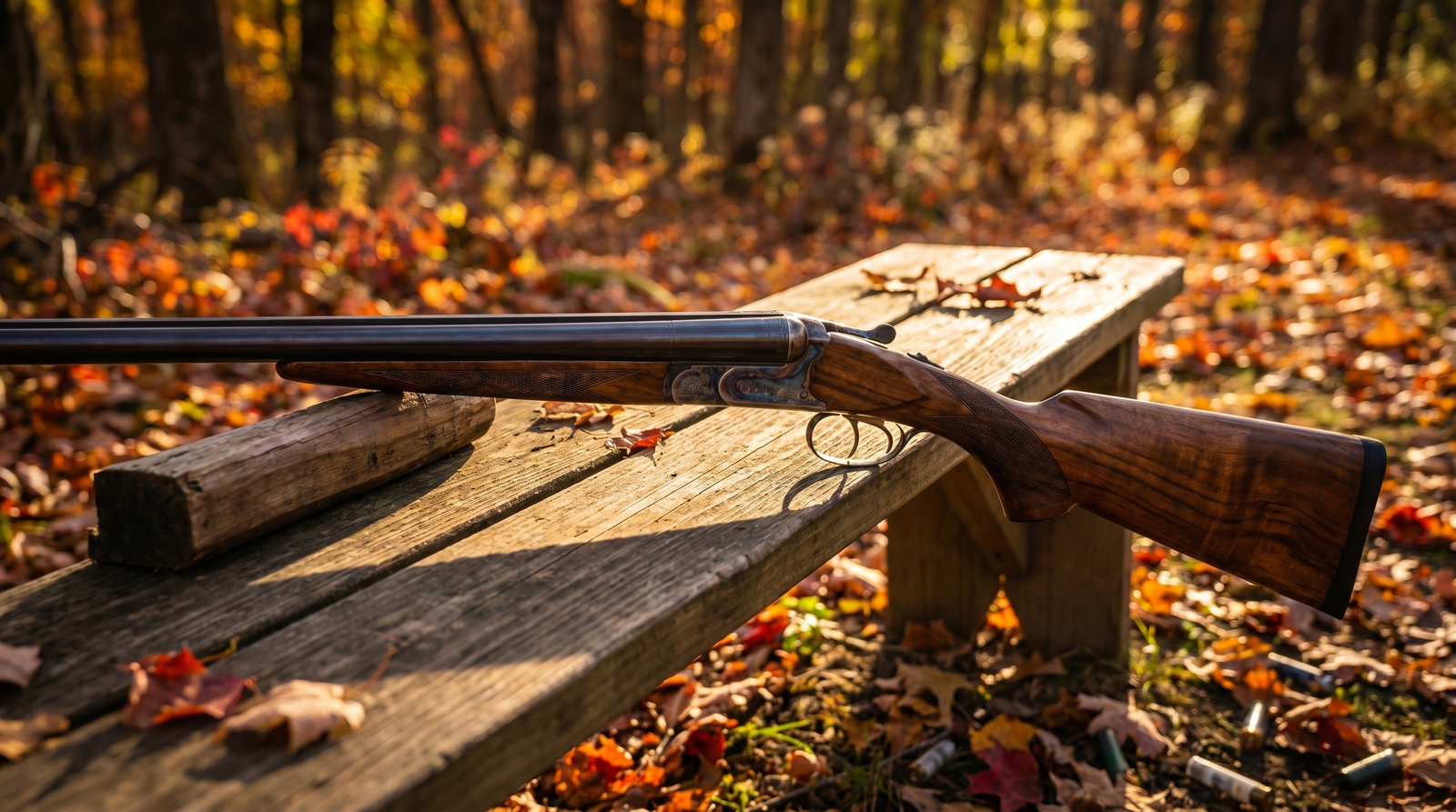 Side by side shotgun with case colored receiver resting on a wooden bench in fall woods