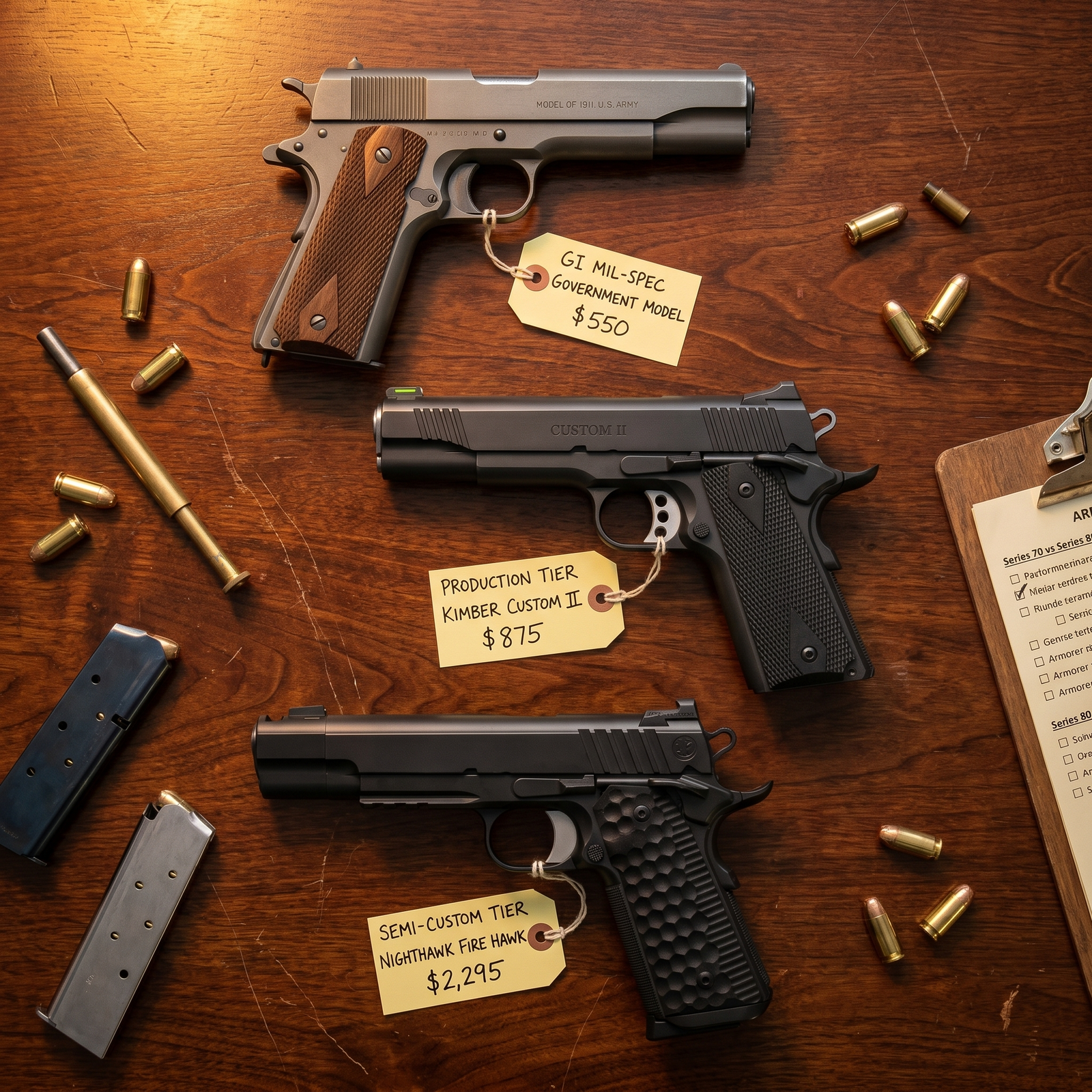 Used 1911 Buyer's Guide 2026: Brand Tiers, Prices & Inspection 27 Used 1911 three-tier knolling on dark wood with a GI Mil-Spec Colt Government Model ($550 parkerized GI), a Kimber Custom II ($875 production tier with beavertail and fiber-optic front sight), and a Nighthawk Custom Fire Hawk ($2,295 semi-custom with hexagonal G10 grips), with .45 ACP brass casings, spare 7-round single-stack magazines, a brass plunger-tube alignment tool, and a Series 70 vs Series 80 armorer inspection clipboard