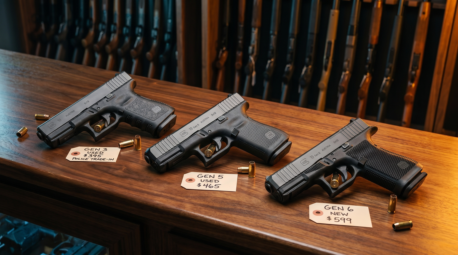 Used Glock 19 buying guide: three generations displayed on a gun shop counter showing Gen 3 with police trade-in tag $395, Gen 5 used at $465, and Gen 6 new at $599, with spent 9mm brass and gun rack background under warm pawn-shop lighting
