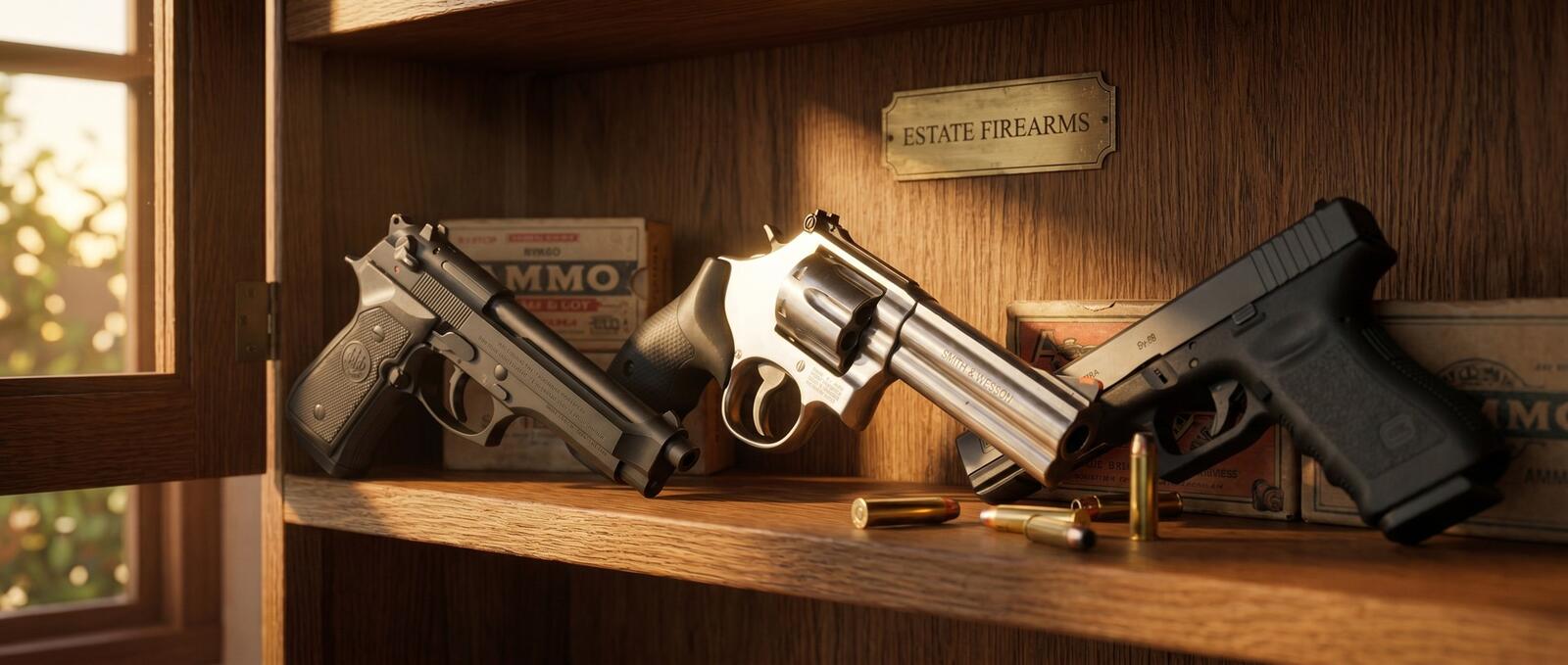 Used Guns for Sale: Surplus, Police Trade-Ins & Pre-Owned Firearms 1 Used Guns for Sale hero — vintage Smith & Wesson 686 stainless revolver flanked by a Beretta 92FS police trade-in and a Glock 17 Gen 3 trade-in pistol on warm-lit walnut display case shelf