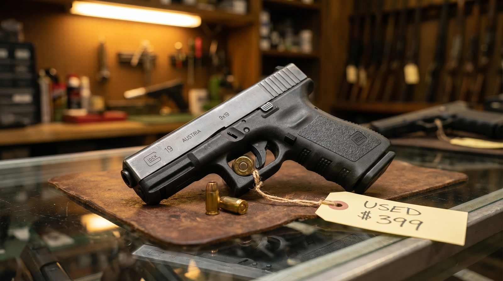 Used handguns for sale on a glass gun shop counter: a Glock 19 Gen 3 police trade-in with yellow USED $399 consignment tag, spent 9mm brass, leather mat, warm pawn-shop lighting with long-gun rack in the background