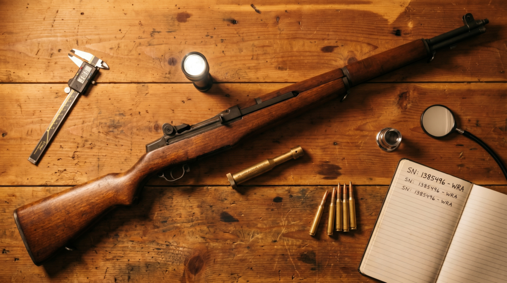 Used M1 Garand Buyer's Guide 2026: CMP Pipeline, Grades & Prices 32 Used M1 Garand pre-purchase inspection flat-lay on weathered cedar workbench with digital caliper, bore light, brass headspace gauge, magnifying loupe, notebook with serial number annotations, and loose .30-06 Springfield cartridges