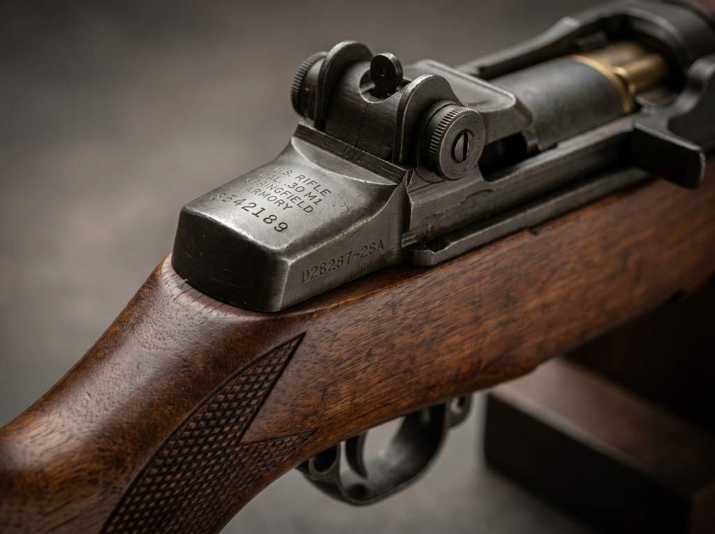 Used M1 Garand Buyer's Guide 2026: CMP Pipeline, Grades & Prices 31 Macro close-up of the M1 Garand receiver heel and stock wrist showing the engraved Rifle M1 Springfield Armory marking, serial number, and drawing number on the parkerized steel finish with checkered walnut stock visible