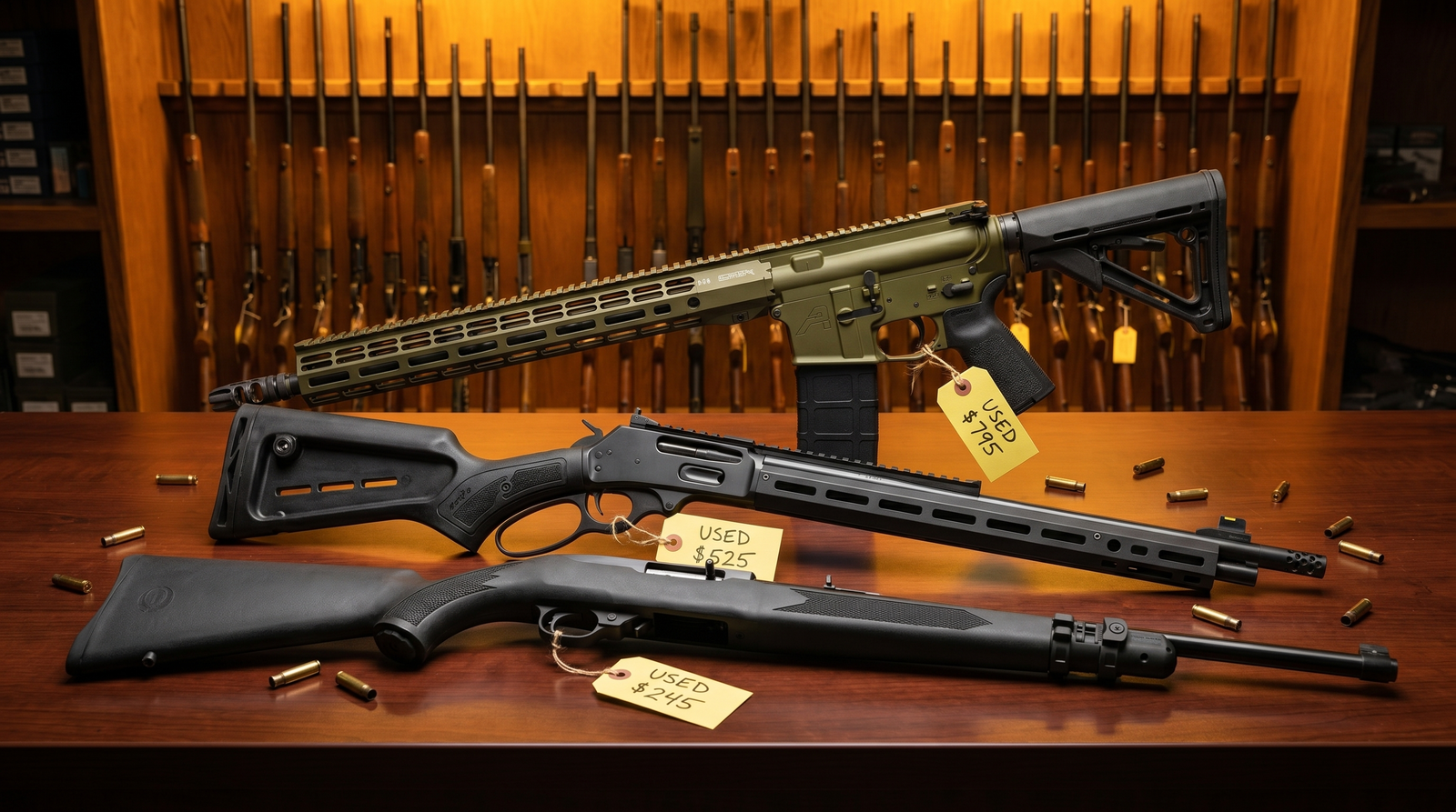 Used rifles knolling-style on a polished wood gun shop counter: AR-15 carbine (Aero Precision OD green) with USED $795 tag, Marlin 336 lever-action with USED $625 tag, Ruger 10/22 carbine with USED $295 tag, gun rack visible behind under warm amber pawn-shop lighting