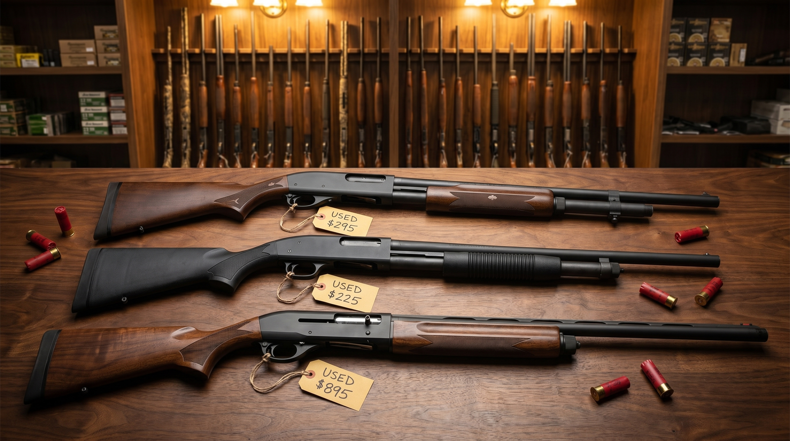 Used Shotguns for Sale: Remington 870, Mossberg 500, Vintage Doubles & More 27 Three used shotguns displayed knolling-style on a polished wood gun shop counter with yellow consignment tags: a Remington 870 Express walnut-stock pump, a Mossberg 500 pump-action, and a Benelli M2 Field semi-auto, with a tall gun rack visible behind under warm amber pawn-shop lighting