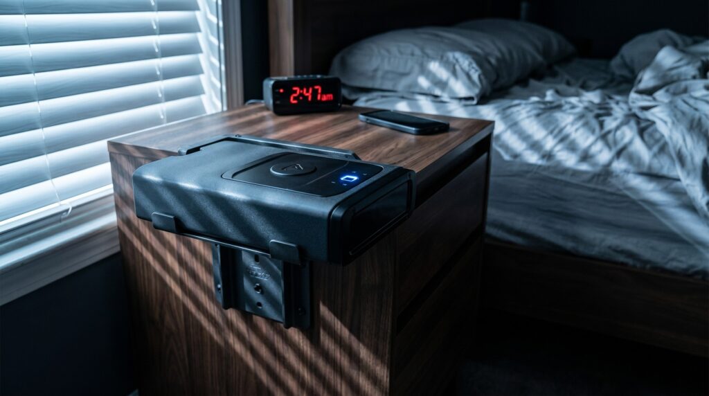 Home Defense on a Budget (2026): Complete Setup Under $1000 19 Vaultek biometric quick-access pistol safe mounted with a metal bracket to a dark walnut bedroom nightstand at 2:47am with red alarm clock, smartphone face-down, unmade bed in soft focus, and cool blue-grey window light through partially-open blinds casting slatted shadows