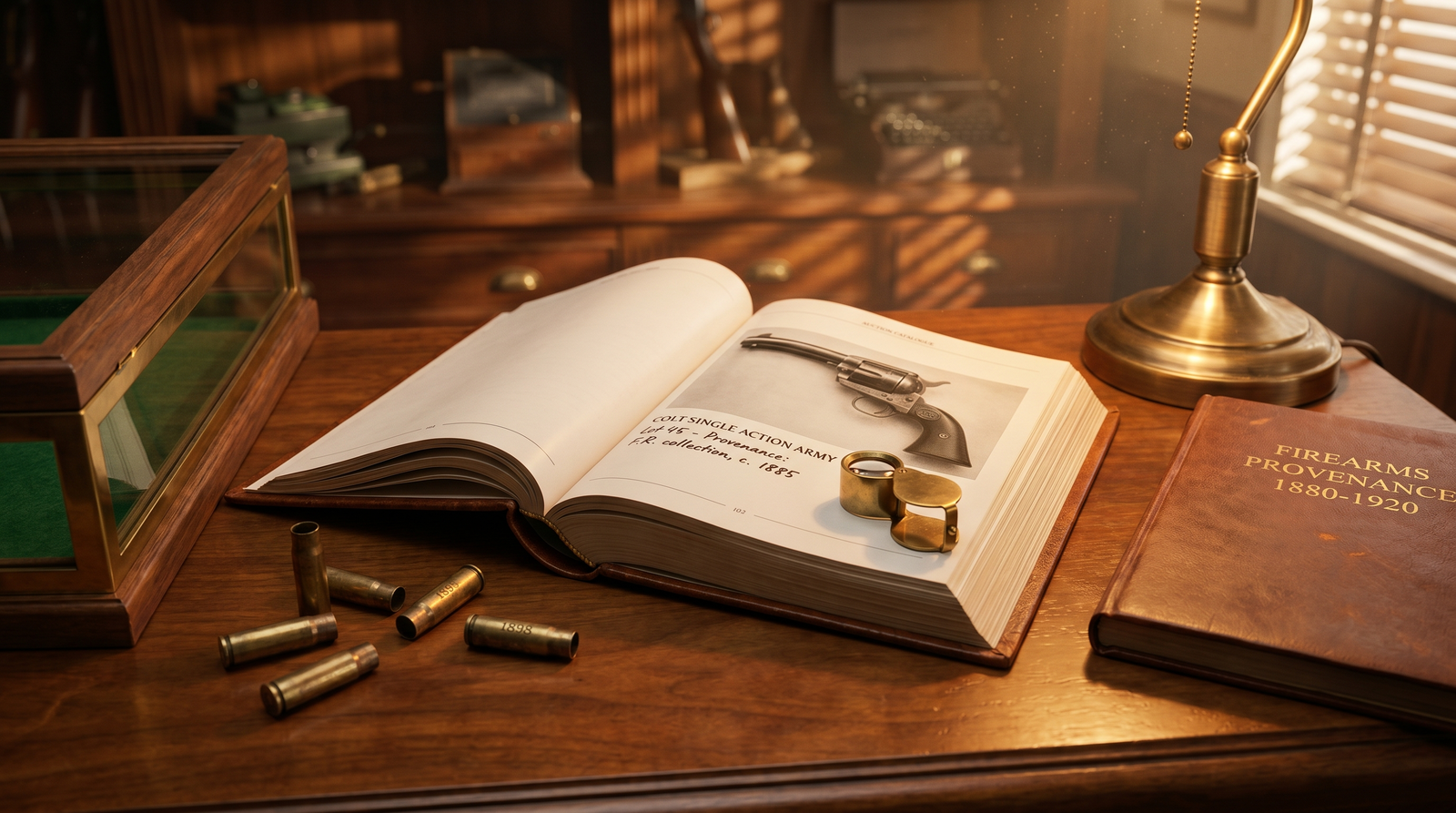 Where to Buy Vintage Guns Online (2026): Auction Houses, CMP, Collector Dealers & Surplus Importers 1 Vintage firearms collecting scene: leather-bound auction catalogue open to a Colt Single Action Army listing with handwritten provenance notes, brass jeweler magnifier loupe, spent brass cartridge cases, walnut display case, antique brass desk lamp, and a leather-bound FIREARMS PROVENANCE 1880-1920 ledger on a polished walnut counter under warm amber lighting