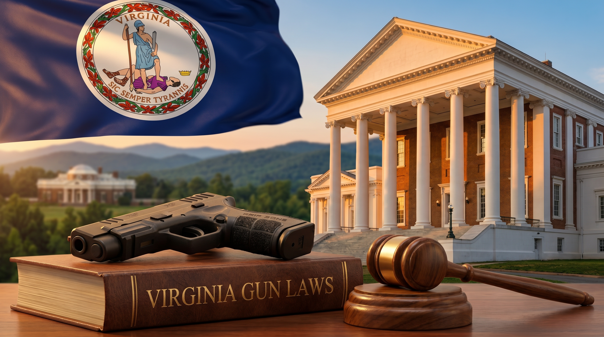 Virginia Gun Laws (2026): CHP, Universal Background Checks & Substantial Risk Order 2 Virginia Gun Laws editorial composite — state flag, capitol building, landmark landscape, and law-themed gun + gavel scene