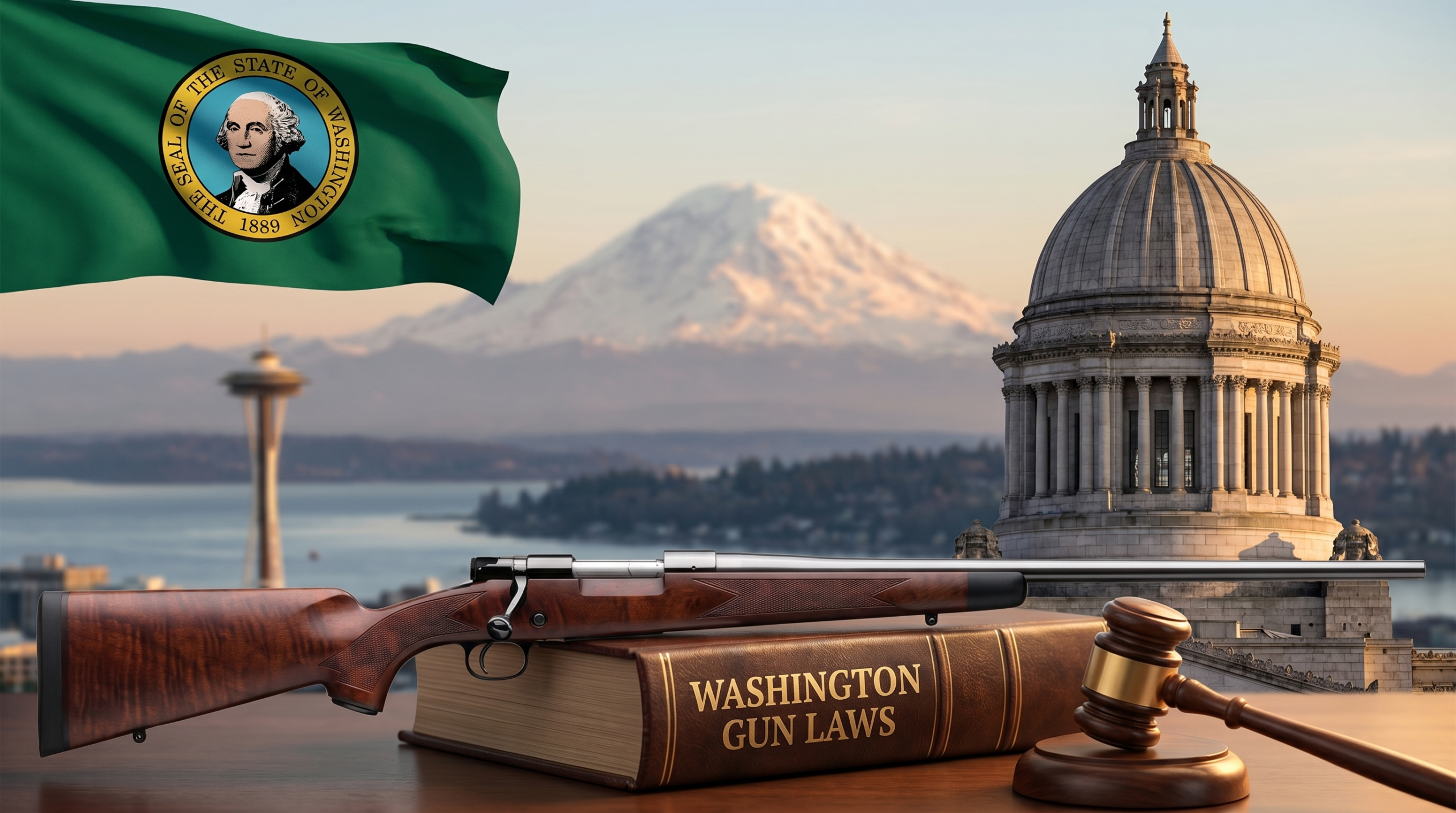 Washington Gun Laws (2026): CPL, Universal Background Checks, Magazine Cap & 2023 AWB 1 Washington Gun Laws editorial composite — state flag, capitol building, landmark landscape, and law-themed gun + gavel scene
