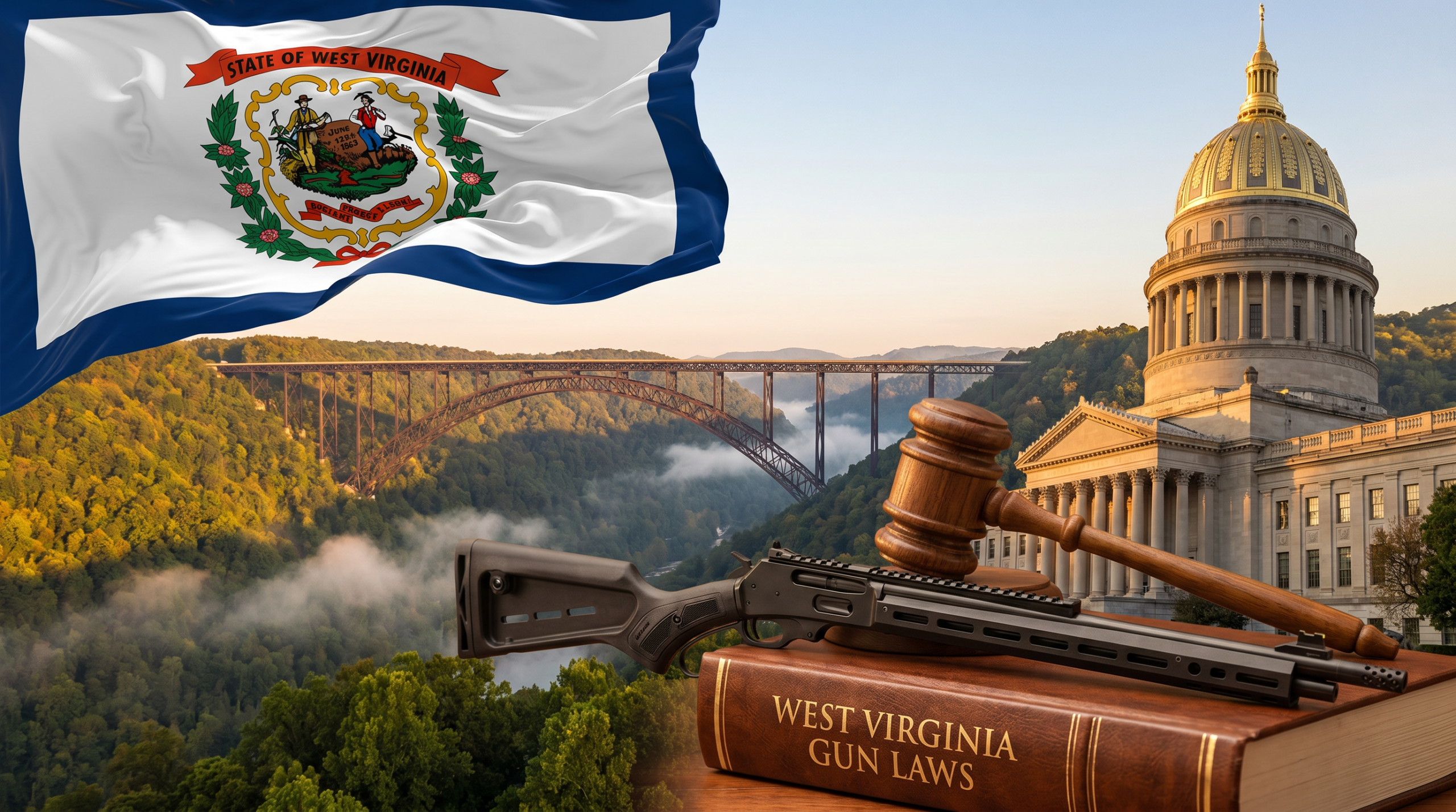 West Virginia Gun Laws (2026): Constitutional Carry, CHL & Stand Your Ground 9 West Virginia Gun Laws editorial composite — state flag, capitol building, landmark landscape, and law-themed gun + gavel scene