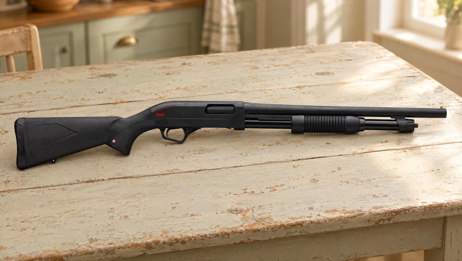 Winchester SXP Defender 12 gauge pump shotgun on a worn farmhouse kitchen table in morning light