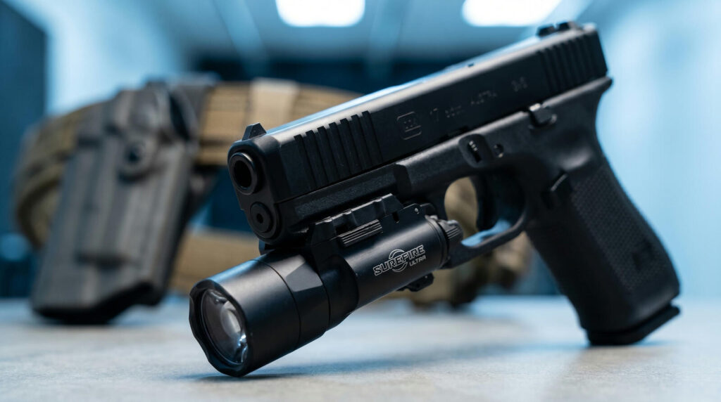 Best Weapon Lights in 2026: Pistol & Rifle Picks Tested 20 SureFire X300U-B Ultra weapon light mounted on Generation 5 Glock 17 in indoor pistol bay