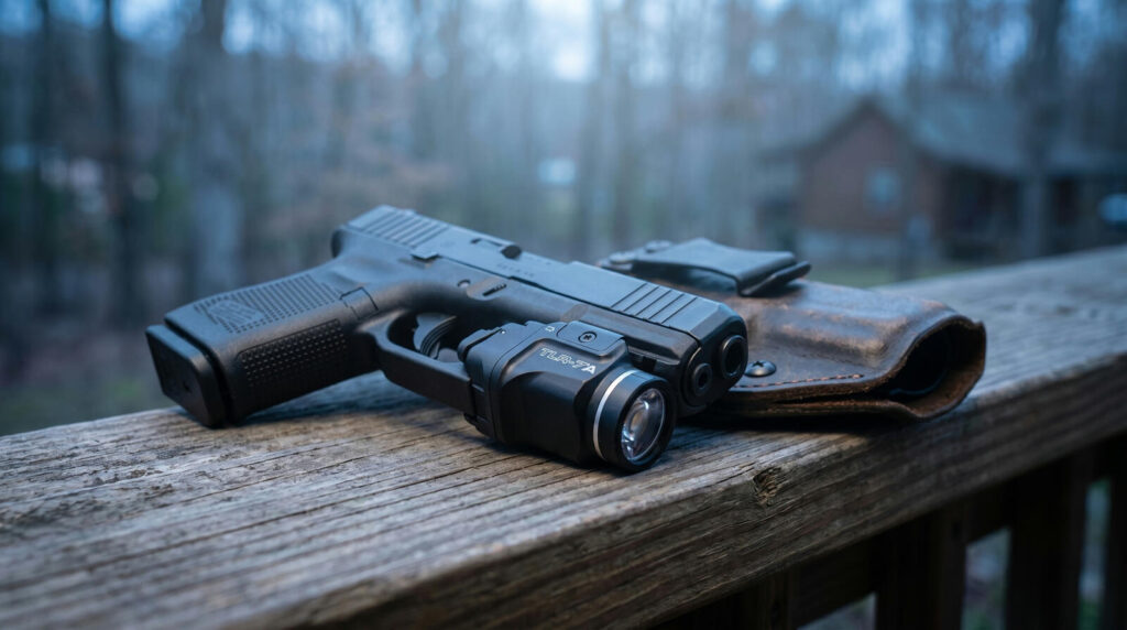 Best Weapon Lights in 2026: Pistol & Rifle Picks Tested 25 Streamlight TLR-7A weapon light on Generation 5 Glock 19 with leather IWB holster on porch railing at blue hour