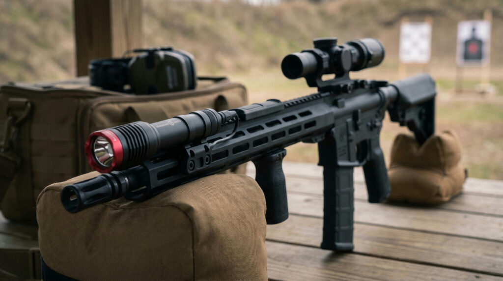 Best Weapon Lights in 2026: Pistol & Rifle Picks Tested 28 Cloud Defensive Rein 2.0 weapon light mounted on AR-15 carbine handguard at outdoor rifle range with sandbag and range bag