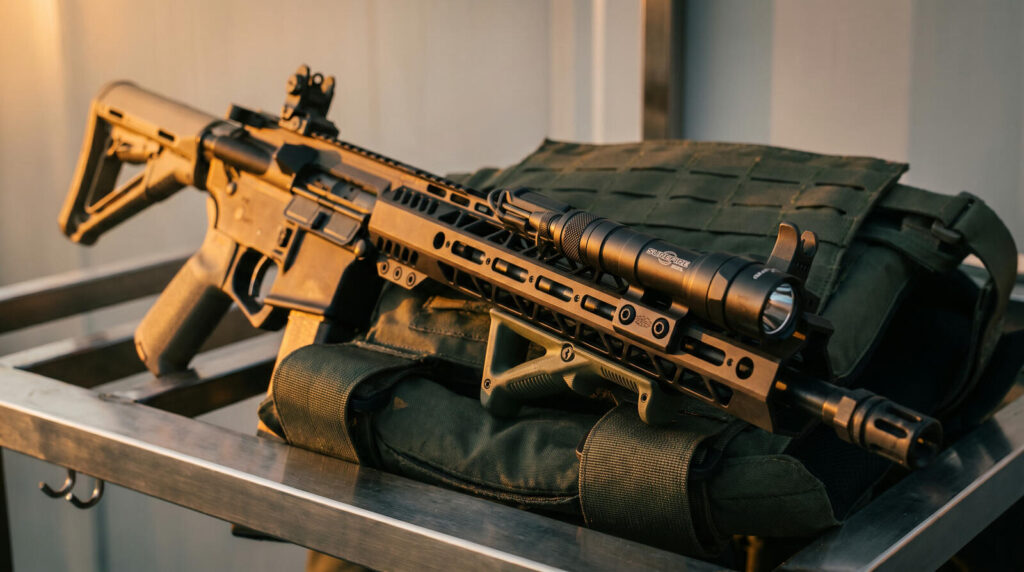 Best Weapon Lights in 2026: Pistol & Rifle Picks Tested 31 SureFire M600DF Scout Dual Fuel weapon light on M-LOK handguard of duty AR-15 patrol rifle in armory rack