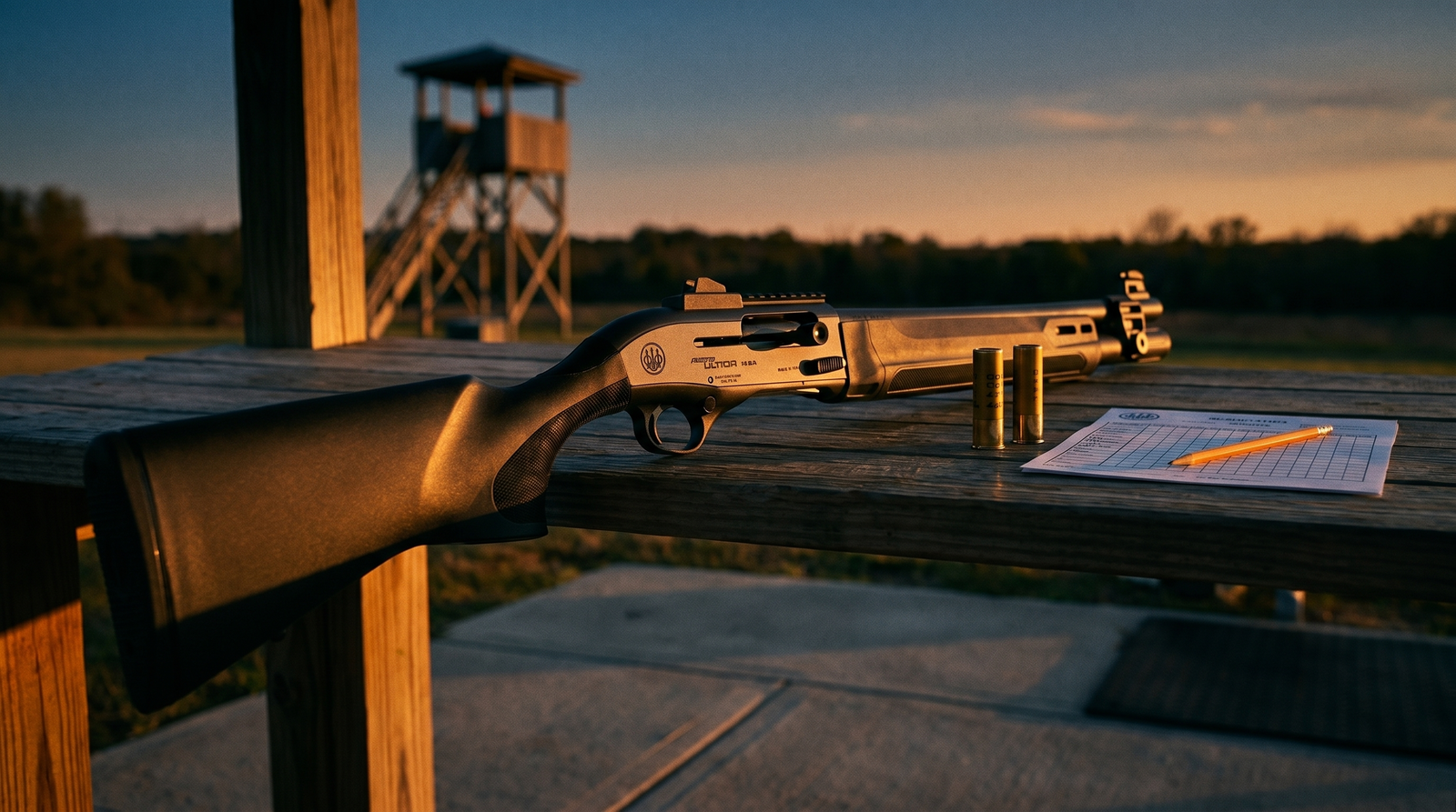 8 Best Shotguns for Women in 2026: Fit, Recoil, and Real Recommendations 32 Beretta A300 Ultima 20 gauge semi-auto shotgun resting on a wooden sporting clays station table at golden hour with brass shells and scorecard