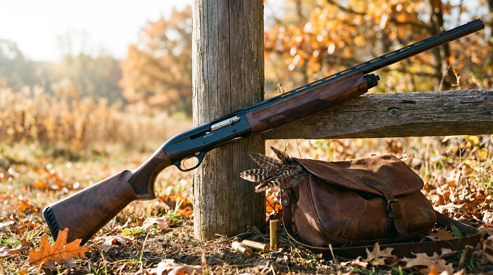 8 Best Shotguns for Women in 2026: Fit, Recoil, and Real Recommendations 33 Benelli Montefeltro 20 gauge semi-auto with walnut stock leaning against a cedar fence post in an autumn upland field with leather game bag