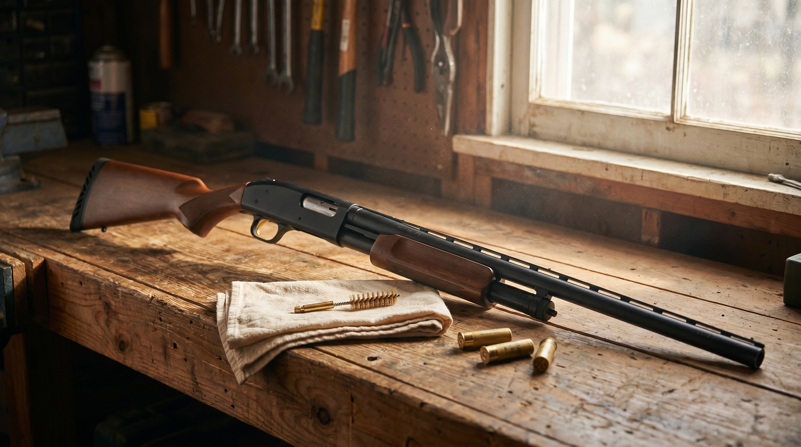 8 Best Shotguns for Women in 2026: Fit, Recoil, and Real Recommendations 34 Mossberg 500 youth compact 20 gauge pump shotgun on a pine workbench in a backyard tool shed with brass shells and cleaning rag