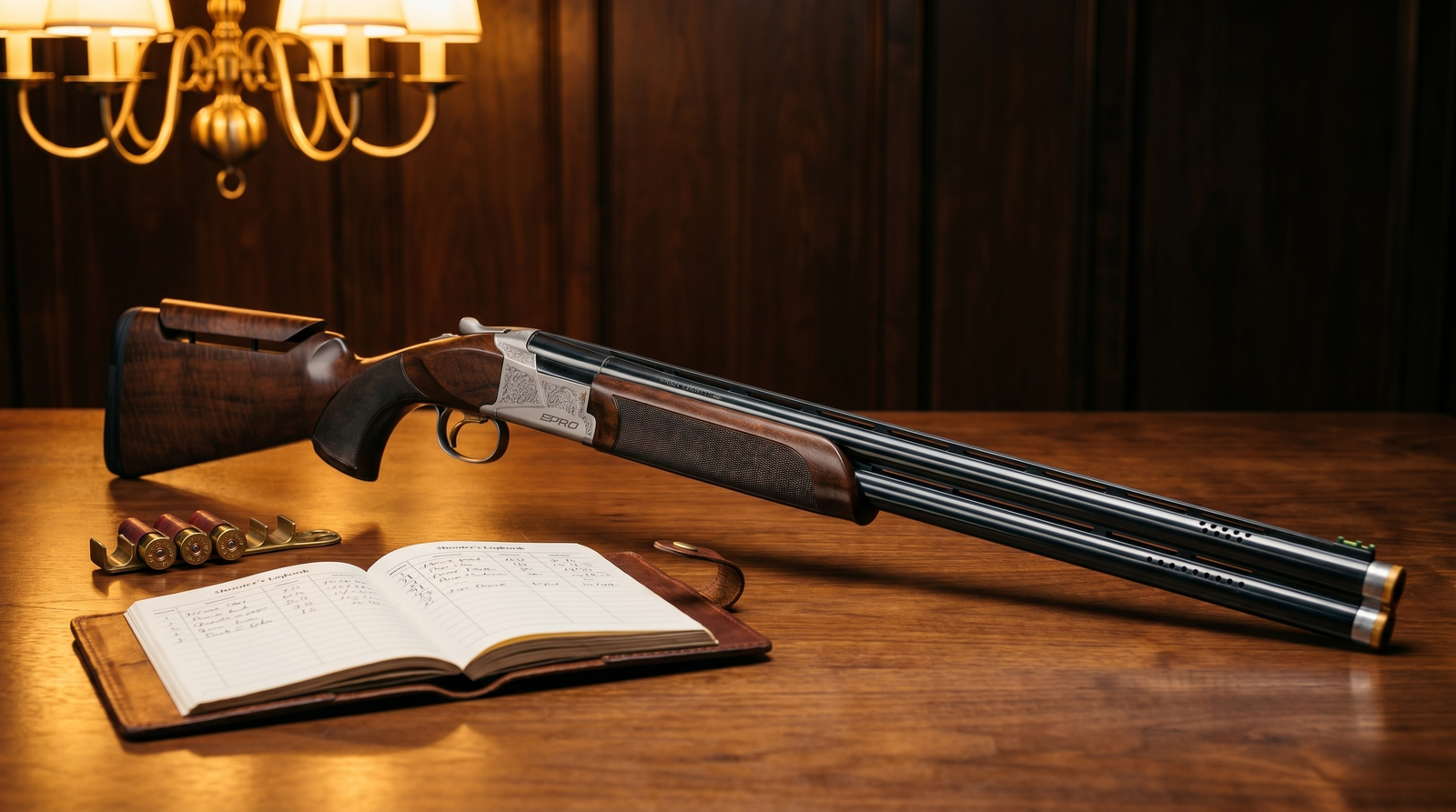 8 Best Shotguns for Women in 2026: Fit, Recoil, and Real Recommendations 35 Browning Citori 725 Pro 20 gauge over under shotgun with silver receiver and walnut stock on a polished gun club lounge table with leather logbook