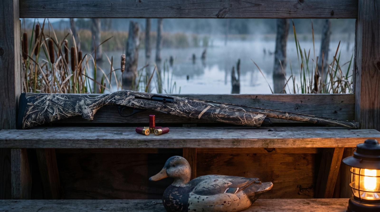 8 Best Shotguns for Women in 2026: Fit, Recoil, and Real Recommendations 36 Franchi Affinity 3 20 gauge Realtree Max-7 camo semi-auto shotgun in a duck blind at dawn with wooden decoy and waterfowl shotshells