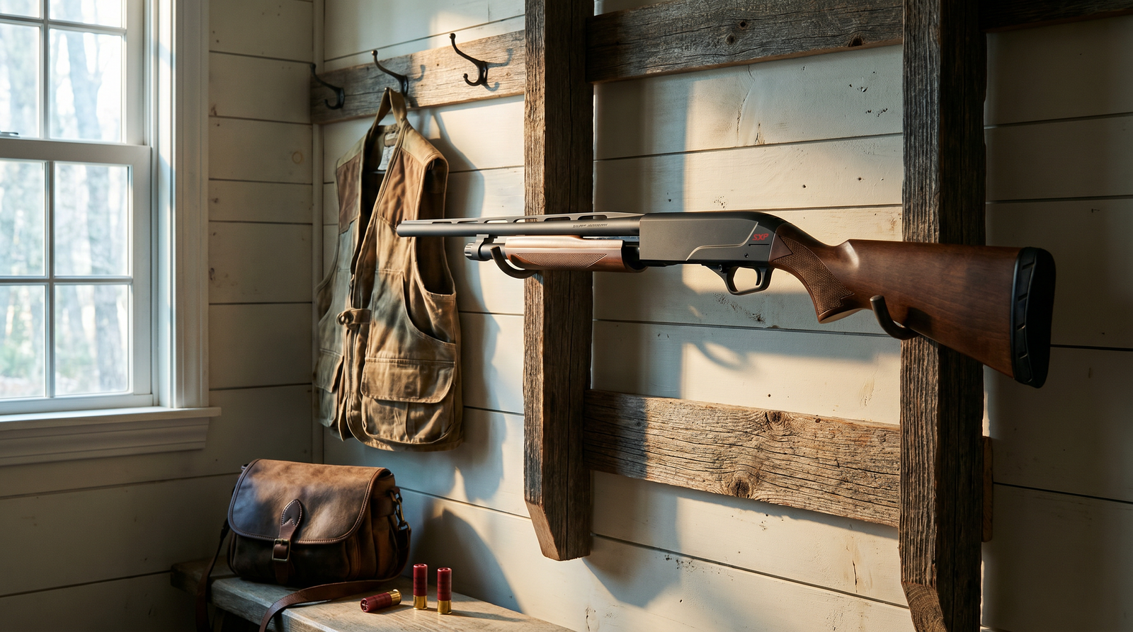 8 Best Shotguns for Women in 2026: Fit, Recoil, and Real Recommendations 37 Winchester SXP Field Compact 20 gauge pump shotgun with walnut stock hanging on a barn-wood gun rack in a country mudroom with canvas hunting vest