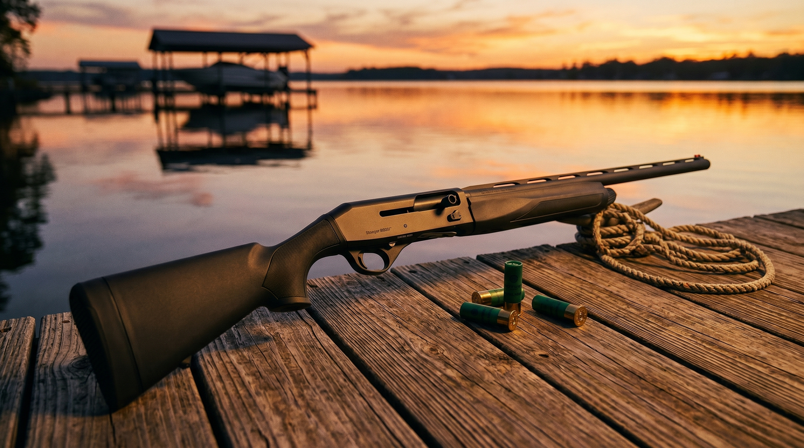 8 Best Shotguns for Women in 2026: Fit, Recoil, and Real Recommendations 38 Stoeger M3000 Compact 12 gauge semi-auto shotgun on a weathered wooden boat dock at sunset with a coiled rope and waterfowl shotshells