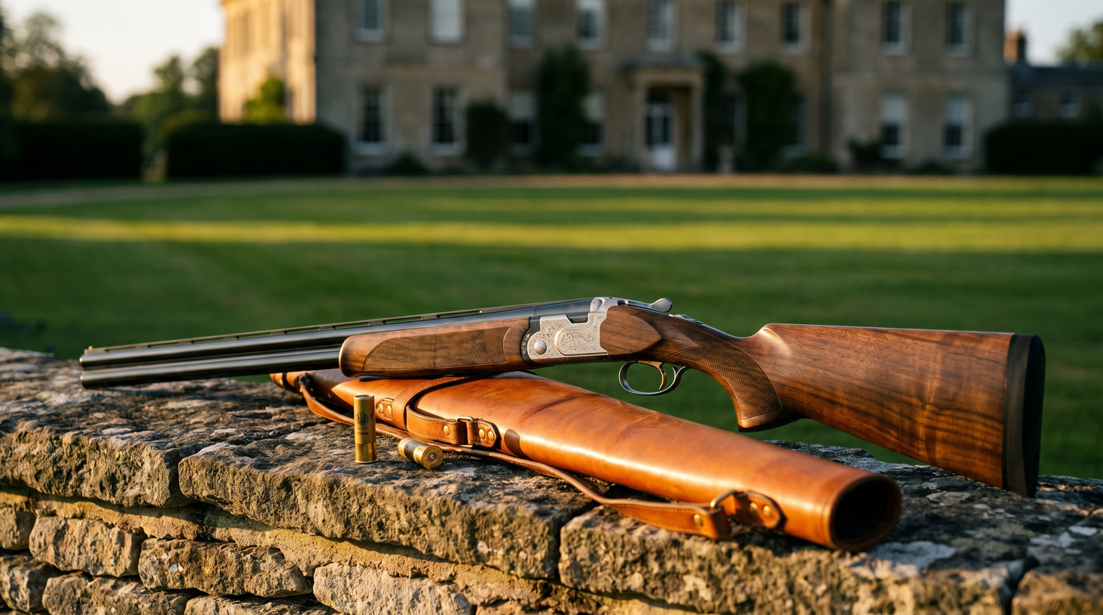 8 Best Shotguns for Women in 2026: Fit, Recoil, and Real Recommendations 39 Beretta 686 Silver Pigeon I 20 gauge over under shotgun with engraved silver receiver on a dry-stone wall at English country estate at golden-hour sunset