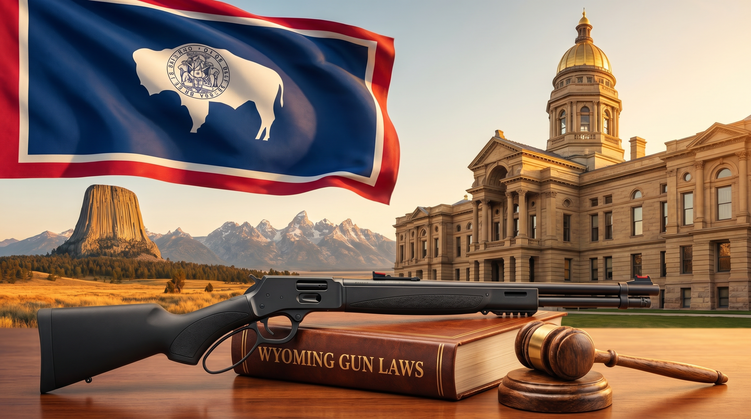 Wyoming Gun Laws (2026): Constitutional Carry, CFP, Stand Your Ground & 2A Sanctuary 1 Wyoming Gun Laws editorial composite — state flag, capitol building, landmark landscape, and law-themed gun + gavel scene
