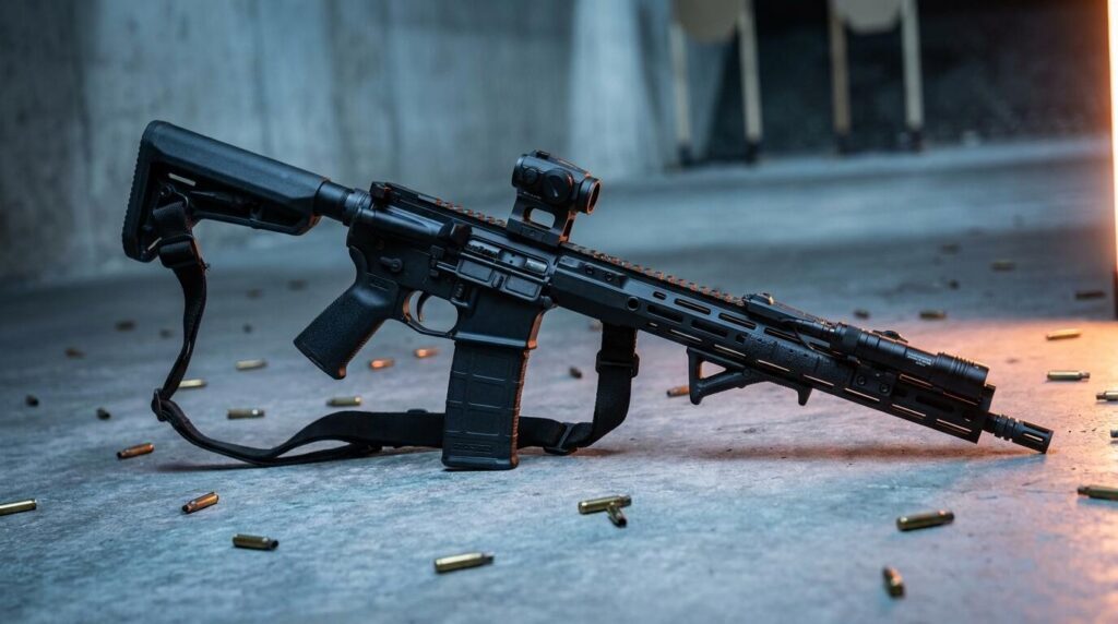 Mini-14 vs AR-15: Which .223 Rifle Should You Buy? (2026) 10 Black AR-15 carbine with red dot on concrete in a tactical bay
