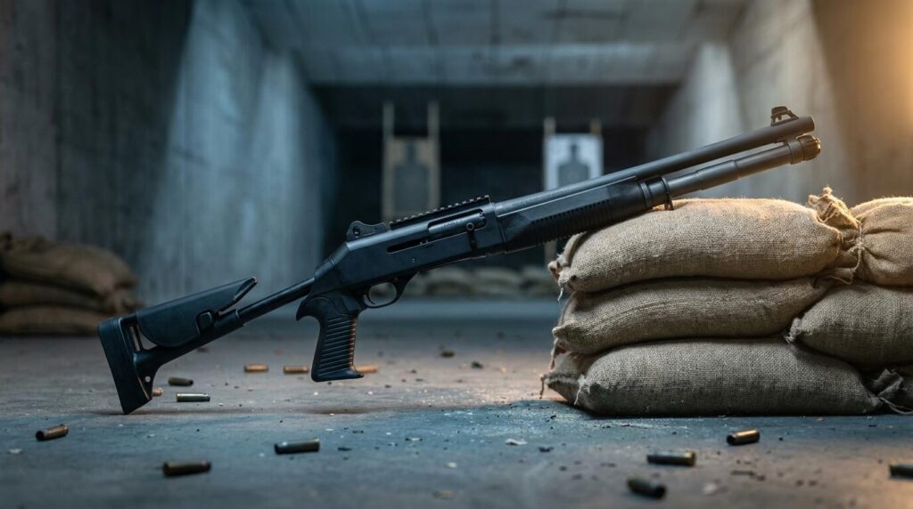 Benelli M4 vs Mossberg 590: Which Defensive Shotgun? (2026) 9 Black semi-automatic Benelli M4 shotgun leaning on sandbags in a tactical bay
