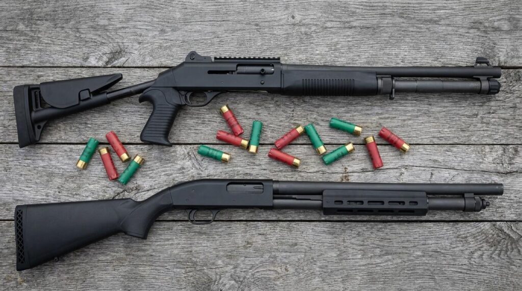 Benelli M4 vs Mossberg 590: Which Defensive Shotgun? (2026) 7 Benelli M4 and Mossberg 590A1 shotguns laid side by side with shotshells