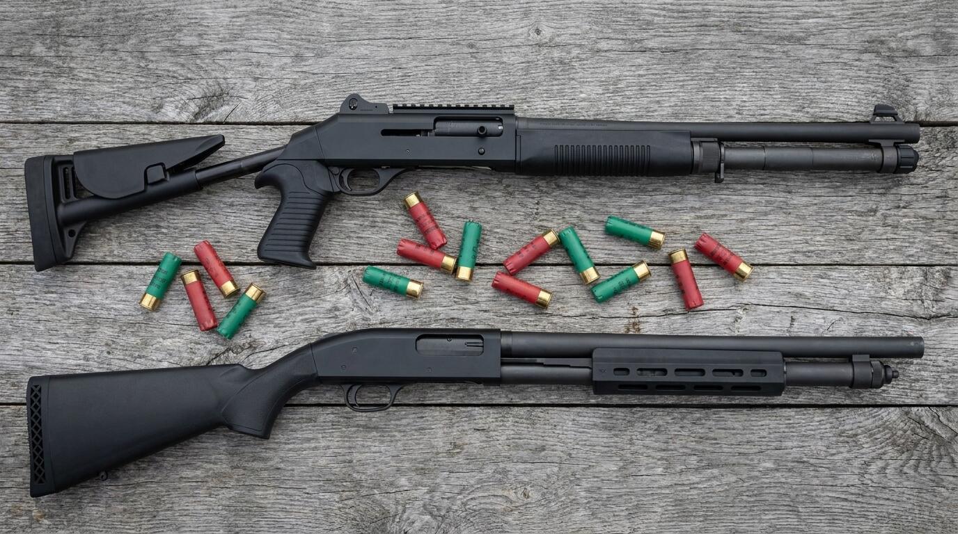 Benelli M4 vs Mossberg 590: Which Defensive Shotgun? (2026) 1 Benelli M4 semi-auto shotgun and Mossberg 590A1 pump shotgun laid side by side with shotshells