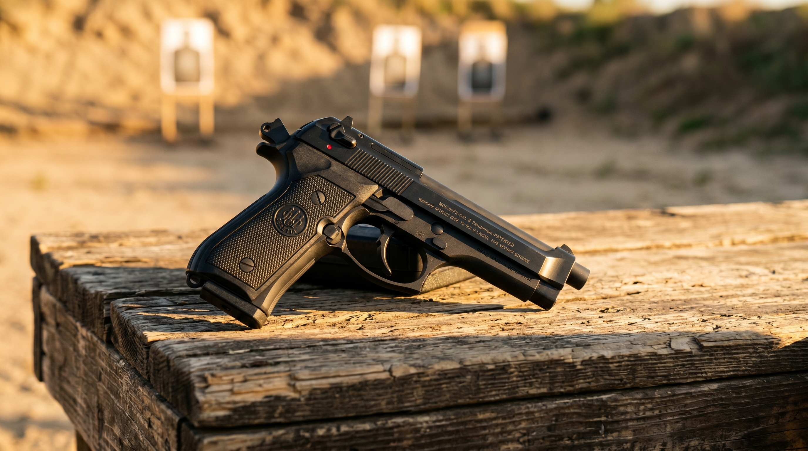 Beretta 92FS Review: 1,000 Rounds with the Wonder Nine (2026) 3 Beretta 92FS 9mm pistol, the M9 wonder nine, on a range bench