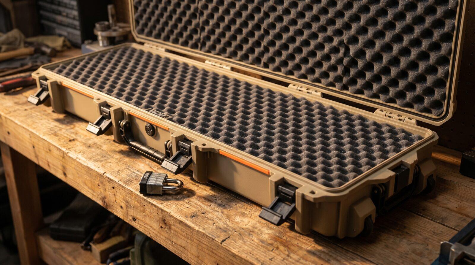 Open hard-sided rifle case with pluck-and-pull foam, latches and a padlock on a workbench